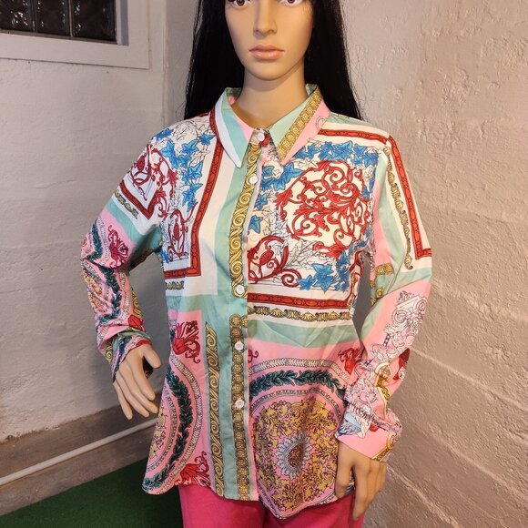 Unbranded Designer Style Paisley Pink Blue White Button-up Long Sleeve M-L - Picture 3 of 10